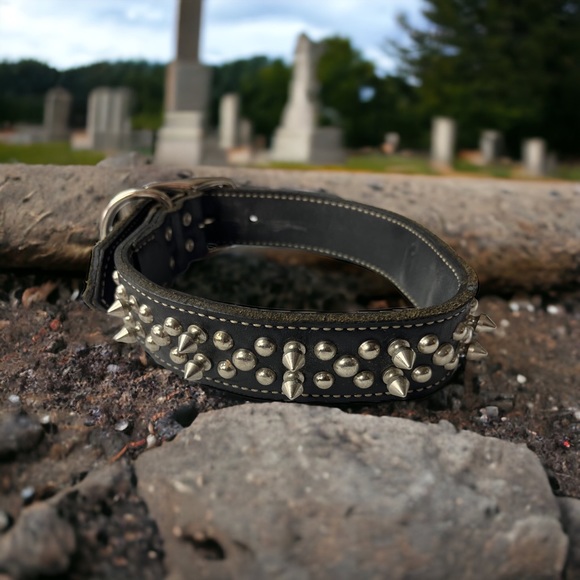 Spiked Studded Genuine Leather Adjustable  Dog Collar - Picture 4 of 12
